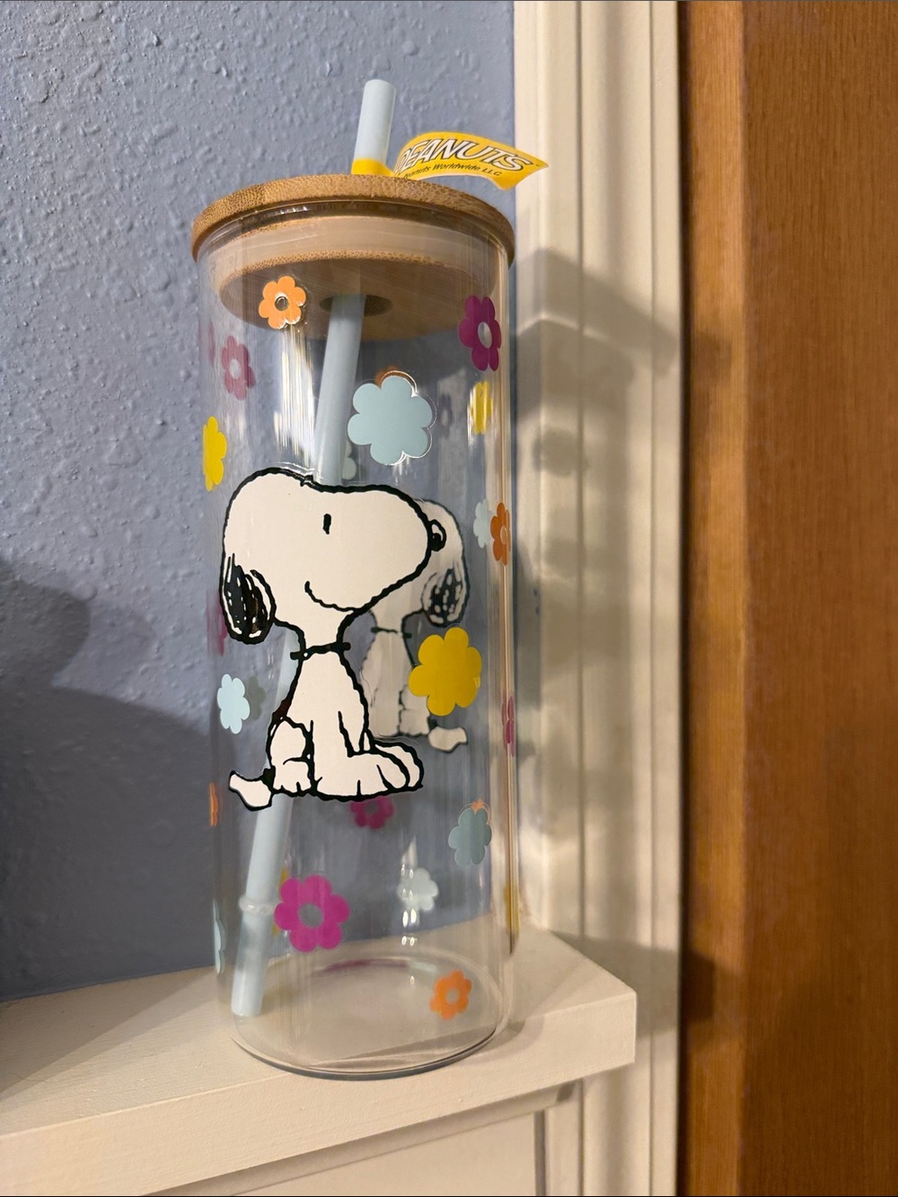 Peanuts Snoopy Floral Clear Tumbler with Blue Straw and Wood Lid